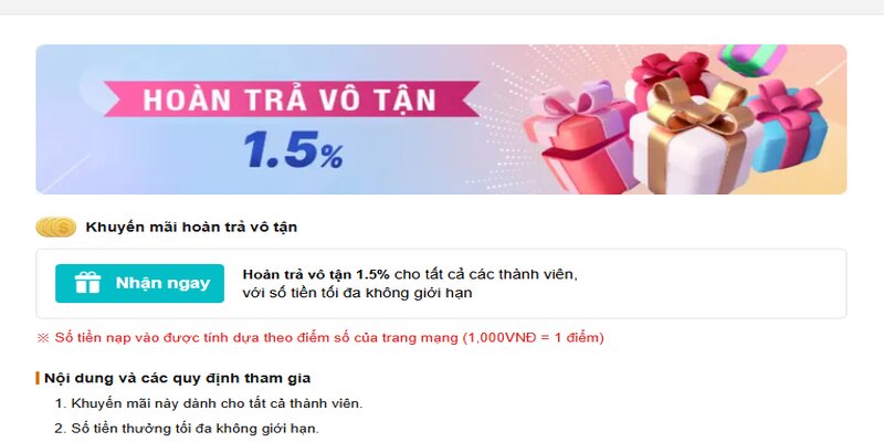 Hoàn trả lên đến 1.5% khi đăng ký Kubet